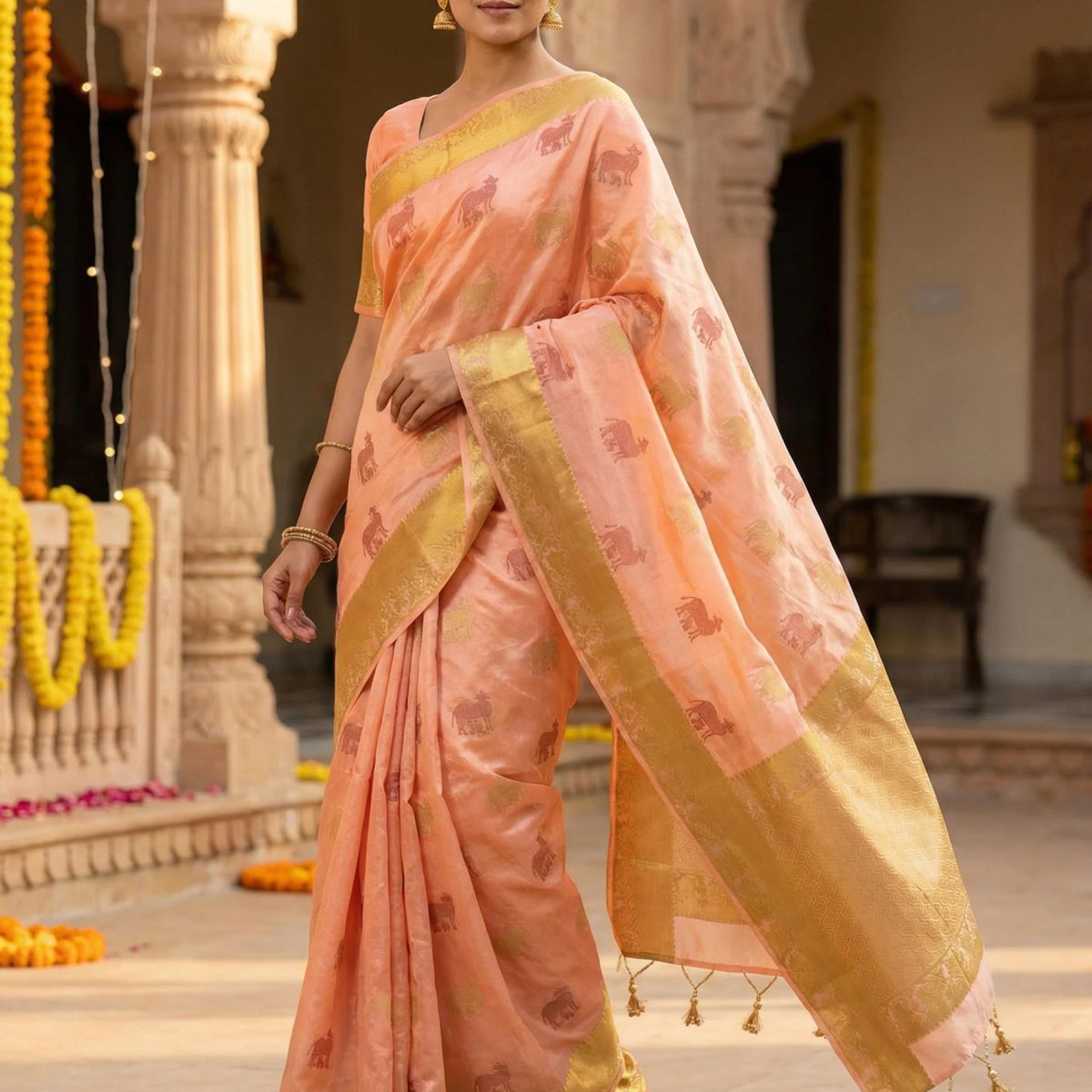 MIMOSA Women's Woven Design Banarasi Style Raw Silk Saree with Blouse Piece - Peach ( SA00003136PCFREE )