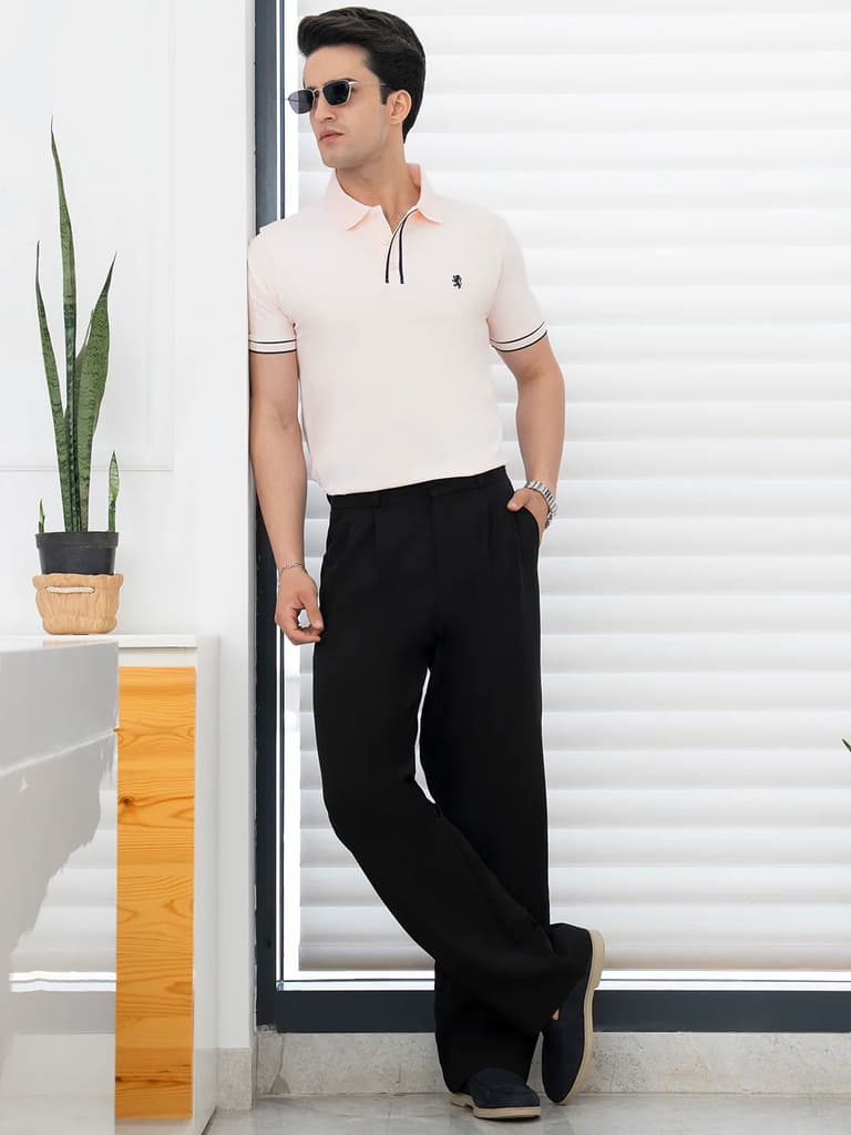 T Shirts for Men in Pastel Pink | Jacquard Placket Polo T Shirt — photo 3