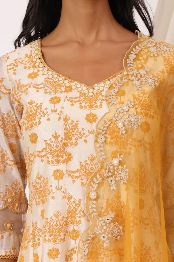 Cream and Yellow Printed Chanderi Anarkali Kurta, Pants and Dupatta Set — photo 3