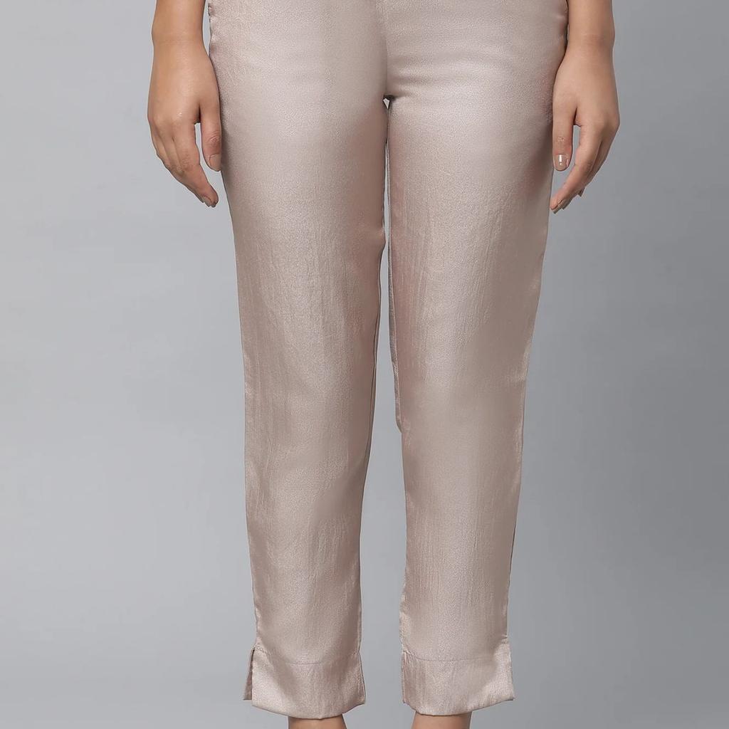 Gold Solid Straight Fit Satin Pants With Elasticated Waist