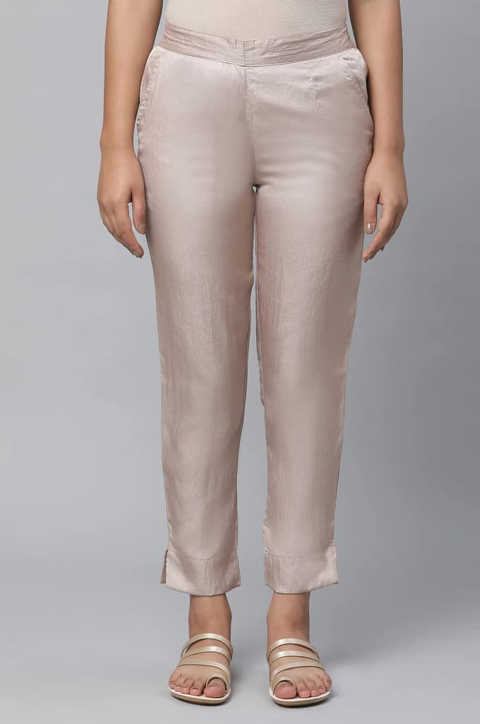Gold Solid Straight Fit Satin Pants With Elasticated Waist