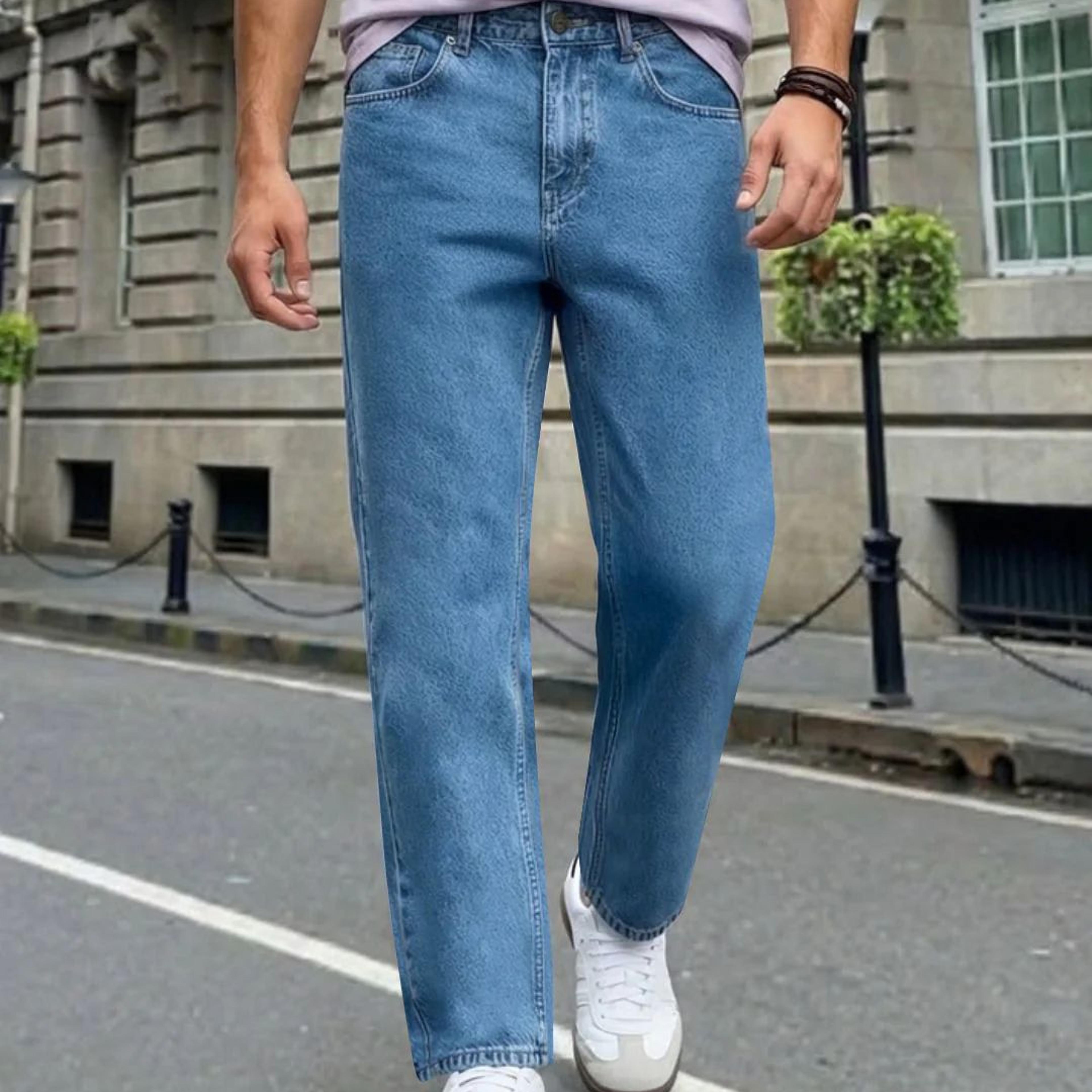 Men's Ice Blue Relaxed Fit Washed Denim Jeans Non-Stretchable