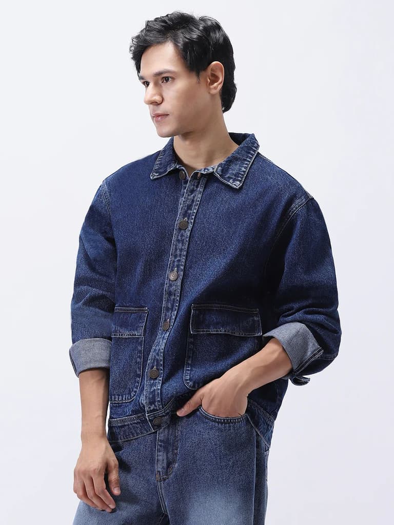 Men's Blue Relaxed Fit Full Sleeve Utility Denim Jacket — photo 3