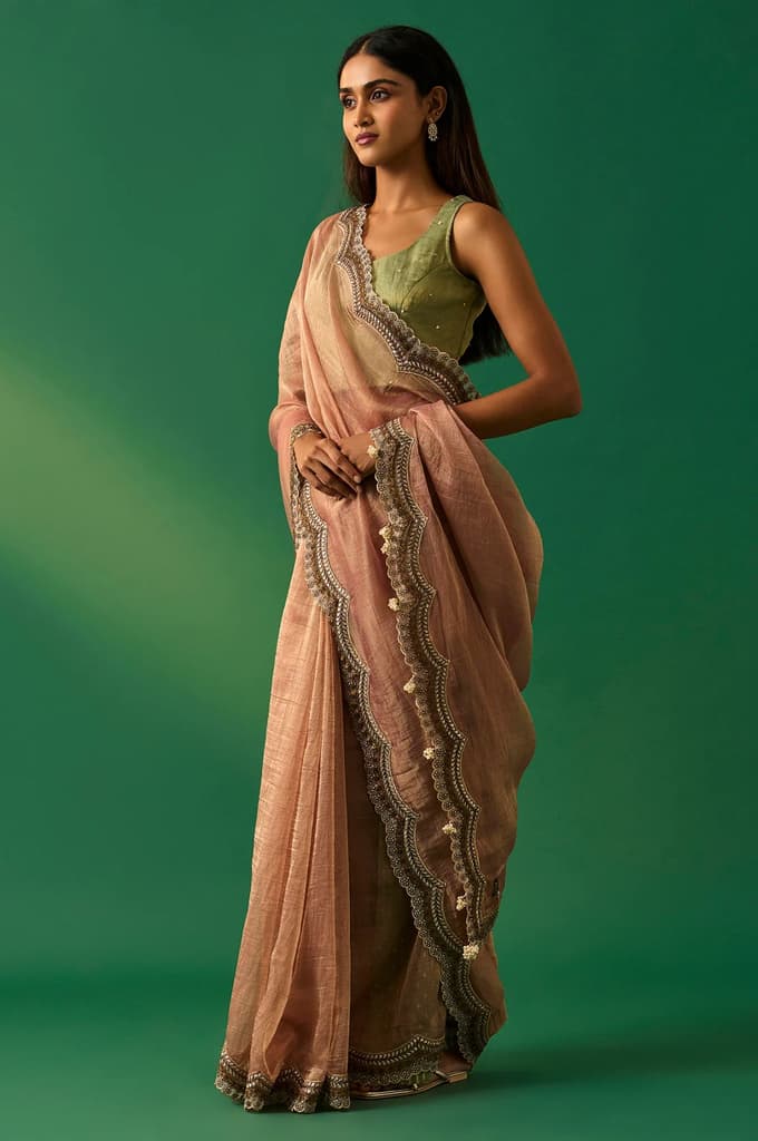 Pink Solid Zari Work Tissue Saree with Unstitched Blouse — photo 3