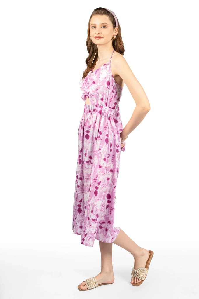 Pink Tie & Dye V Neck Sleeveless Midi Dress — photo 4