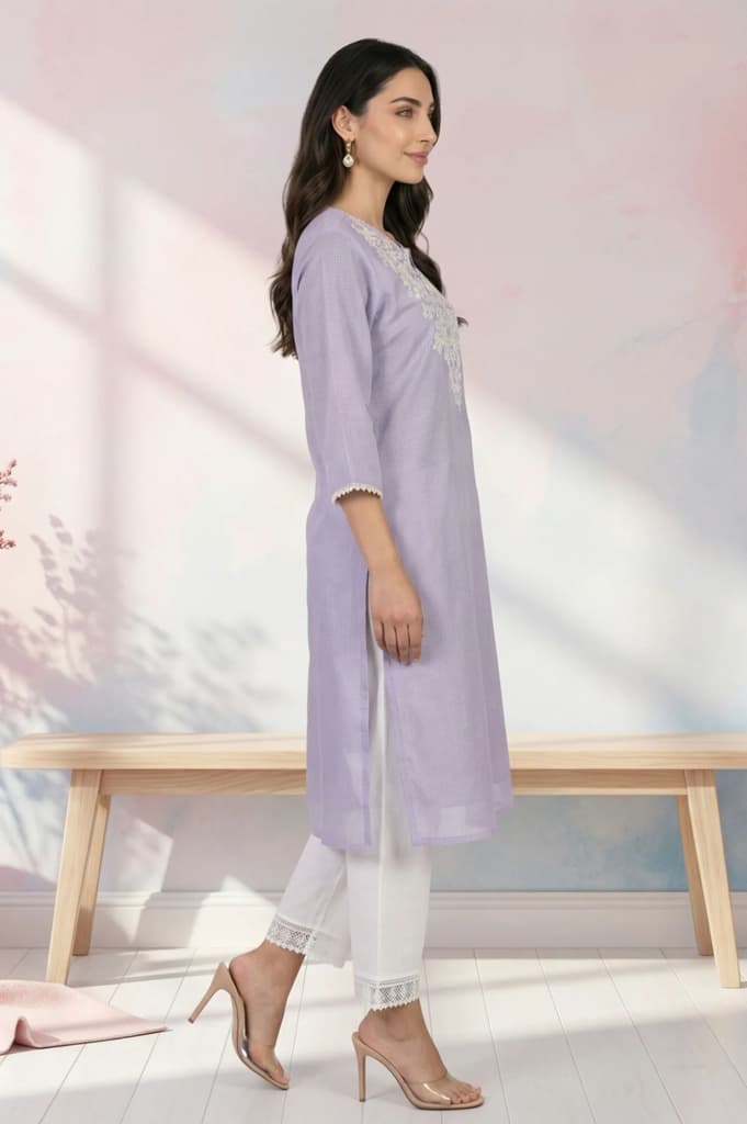Lavender Thread Embroidered Kota Straight Kurta — photo 6