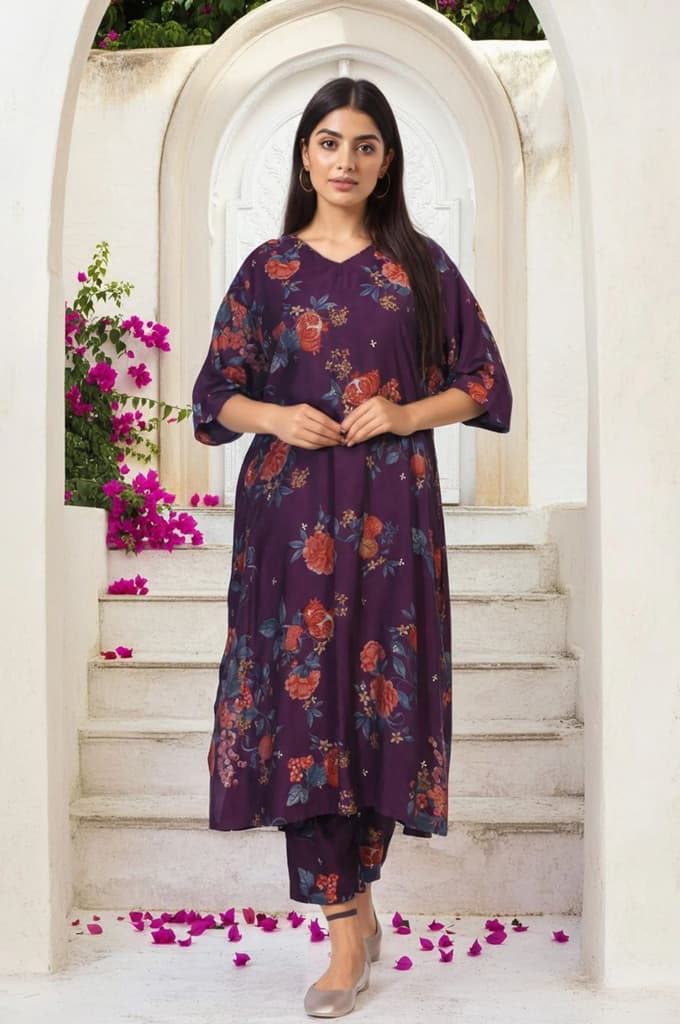 Purple Floral Printed A-line Rayon Kurta with Pant Set — photo 2