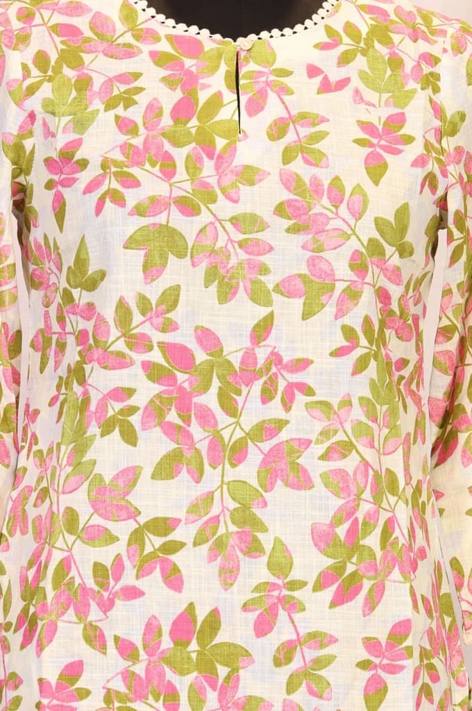 Off-White Floral Printed Pure Cotton Straight Kurta with Lace — photo 2