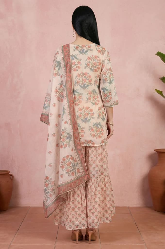 Beige Floral Printed Lace Straight Kurta with Sharara and Dupatta Set — photo 5