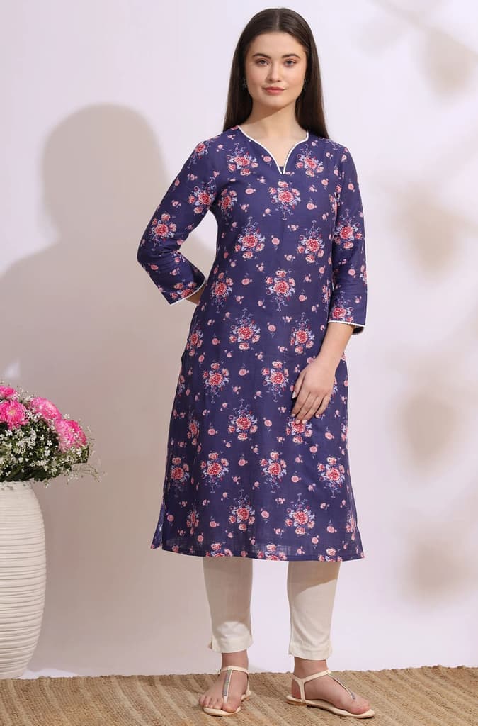 Purple Bold Floral Printed Cotton Cambric Straight Kurta — photo 3