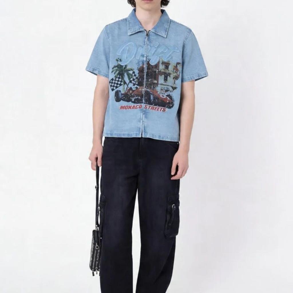Y&F Kids Boys Blue Graphic Print Zip-Up Denim Shirt