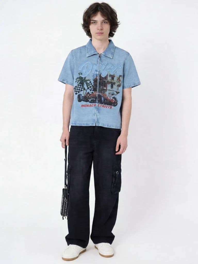 Y&F Kids Boys Blue Graphic Print Zip-Up Denim Shirt
