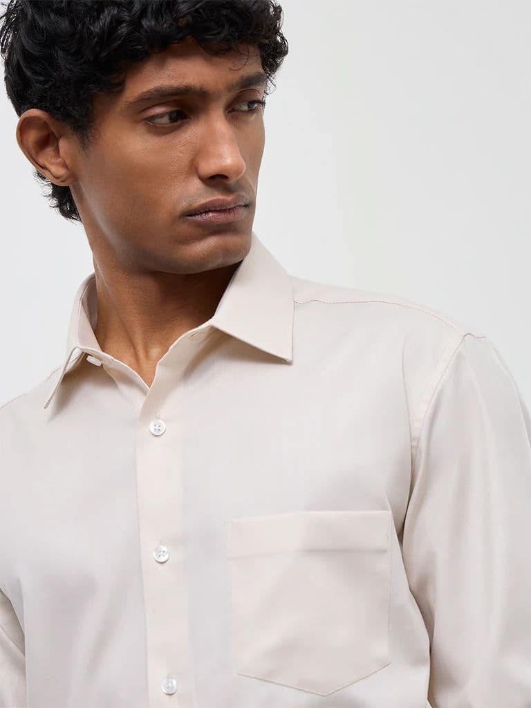 WES Formals Beige Relaxed-Fit Cotton Shirt — photo 3