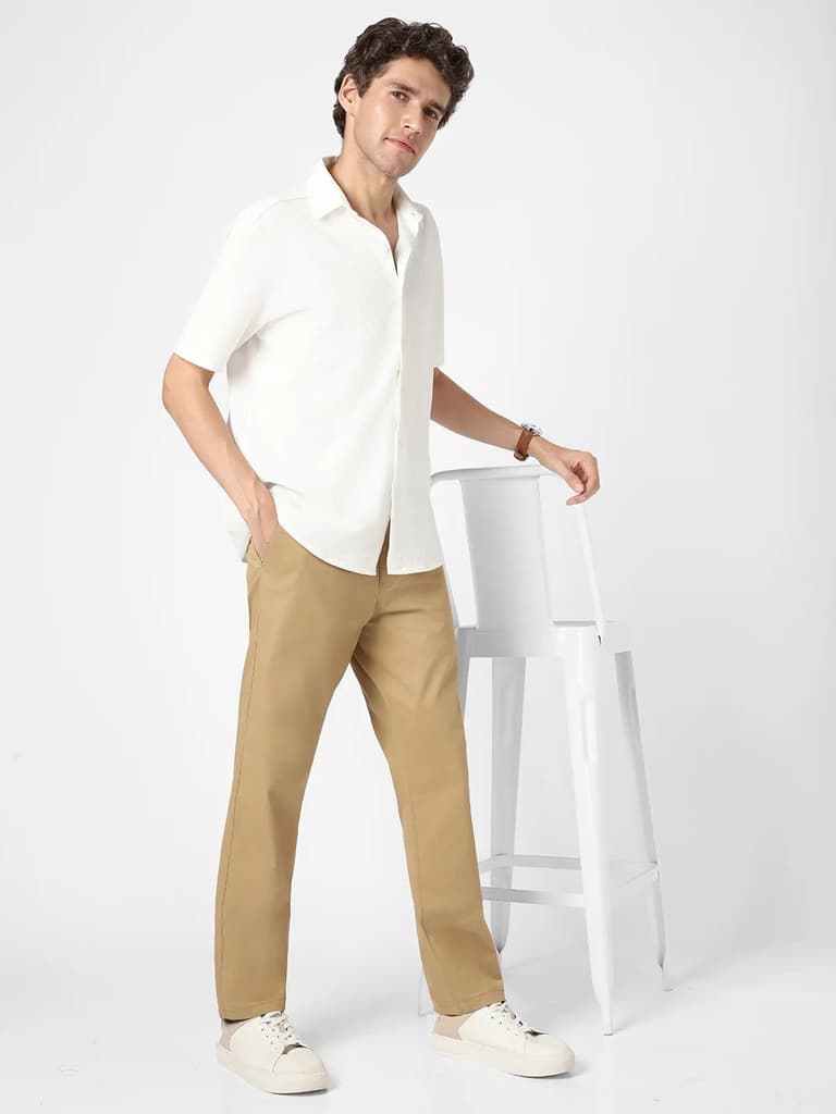 Men's Khaki Cotton Regular Fit Casual Chinos Trousers Stretch — photo 4