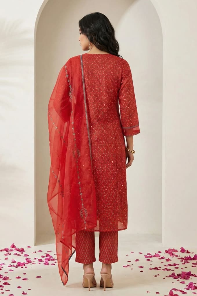 Red Floral Printed Sequins Chanderi Straight Kurta with Straight Pants and Dupatta Set — photo 5