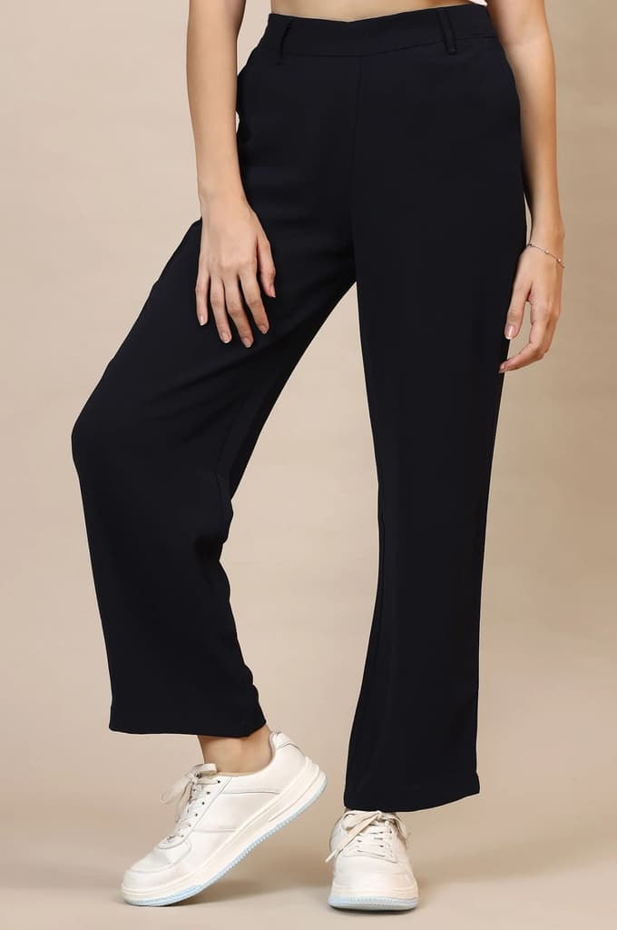 Navy Blue Solid Straight Western Wear Palazzo Pants — photo 2