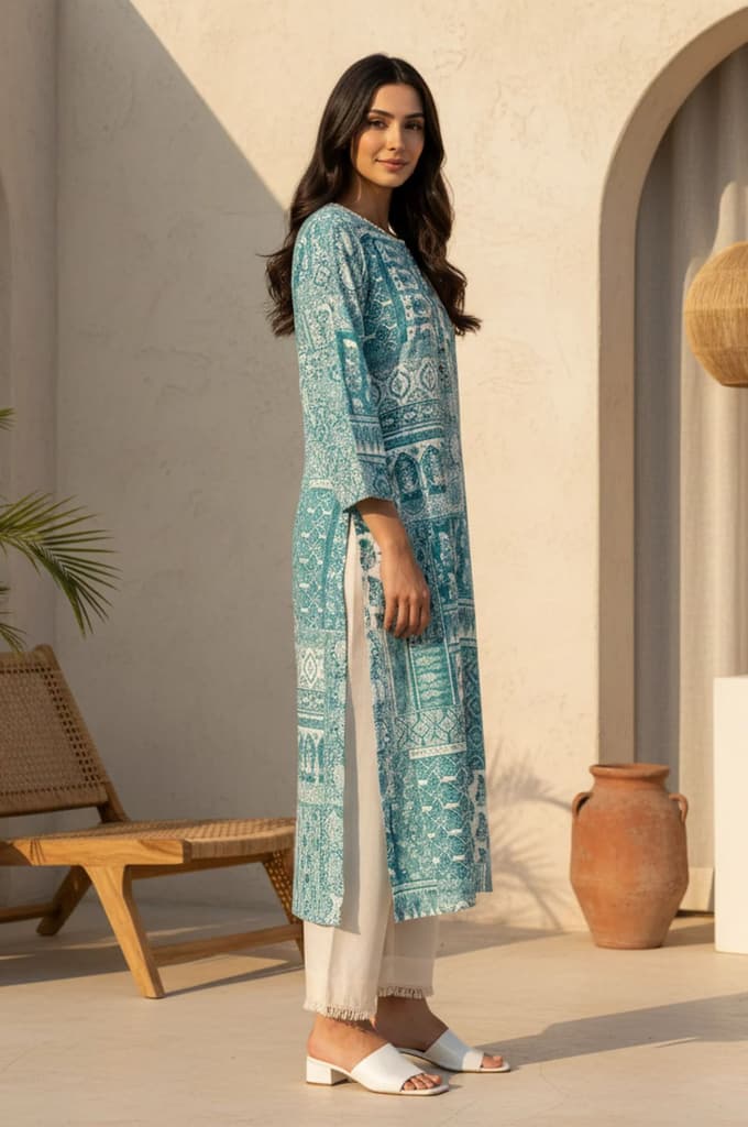 Teal Ethnic Motifs Pure Cotton Straight Kurta — photo 5