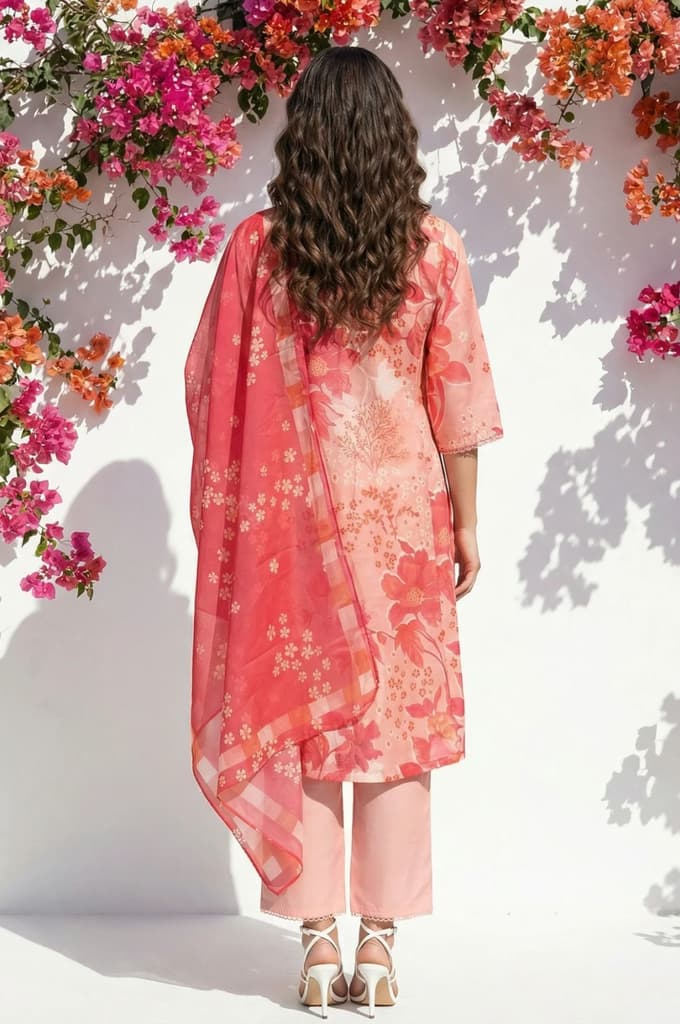 Peach Floral Printed Straight Chanderi Kurta with Pants and Dupatta Set — photo 3