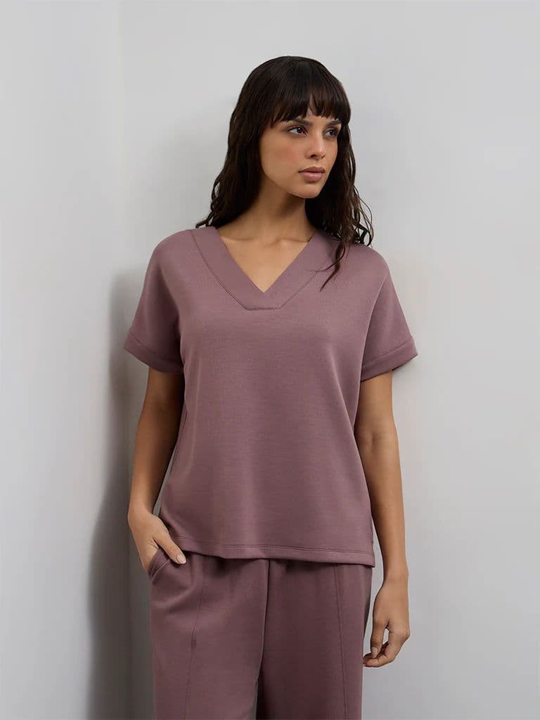 Wunderlove Dusty Pink Solid V-Neck Top