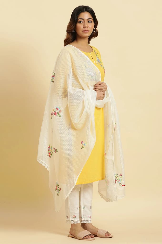 White Floral Embroidered Lace Trim Kota Dupatta — photo 3