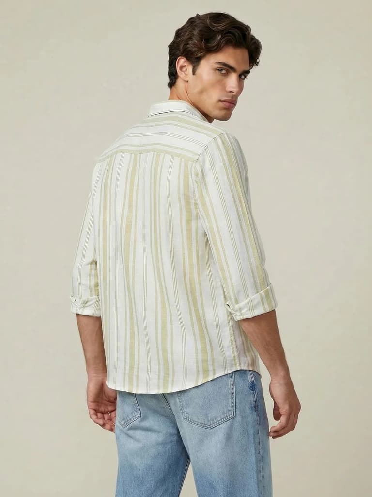 Men's Light Green Cotton Full Sleeve Relaxed Fit Linen Striped Shirt with Spread Collar — photo 3
