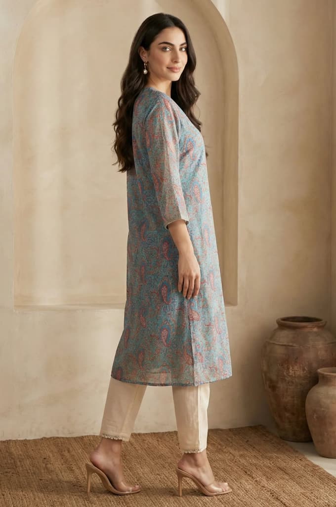 Turquoise Blue Ethnic Motifs Lace Kota Straight Kurta — photo 6