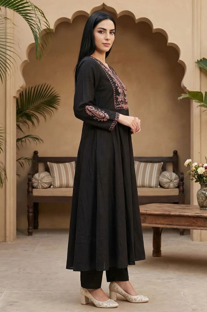 Black Embroidered Anarkali Kurta with Pants and Dupatta Set — photo 5