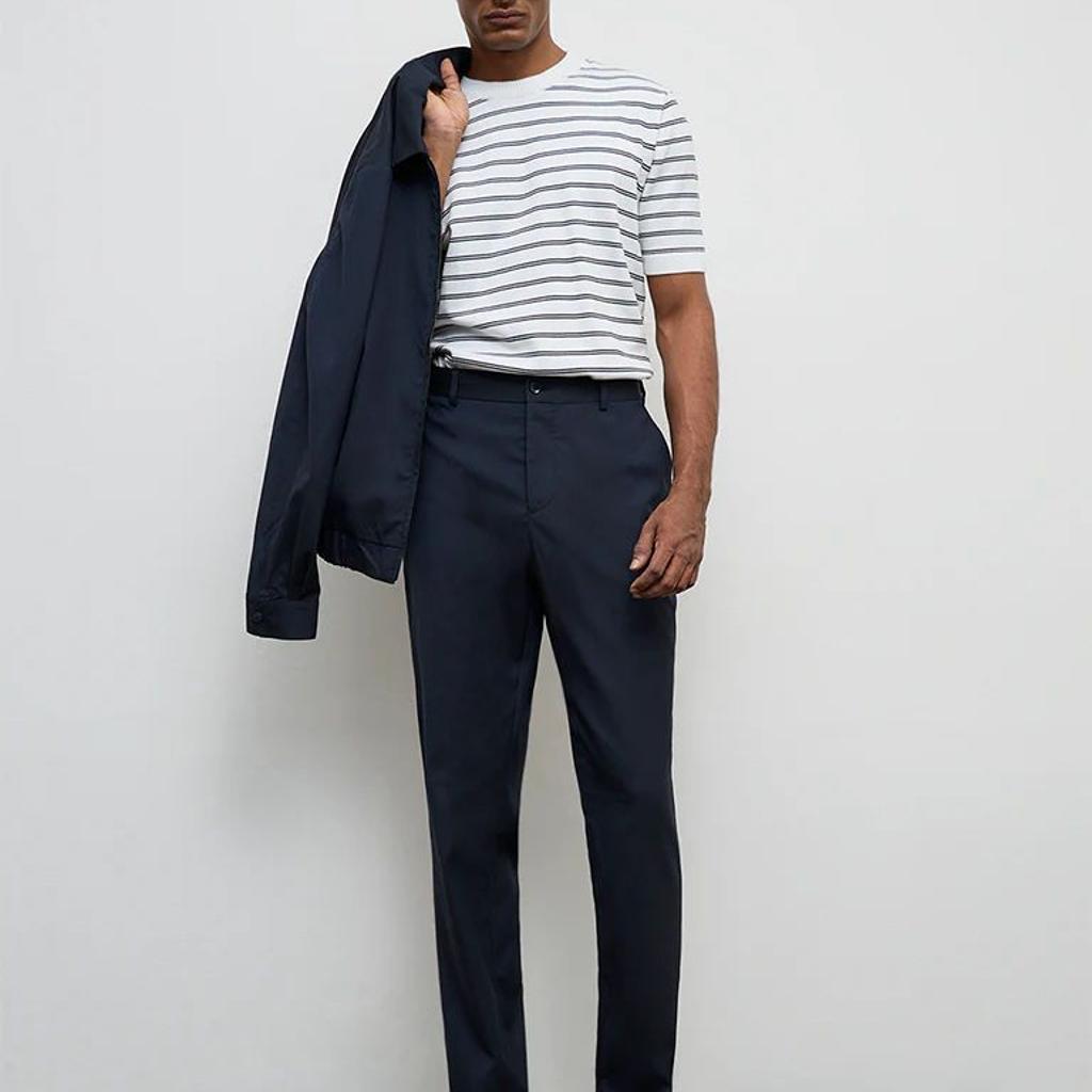 WES Formals Navy Pinstripe Relaxed-Fit Mid-Rise Trousers