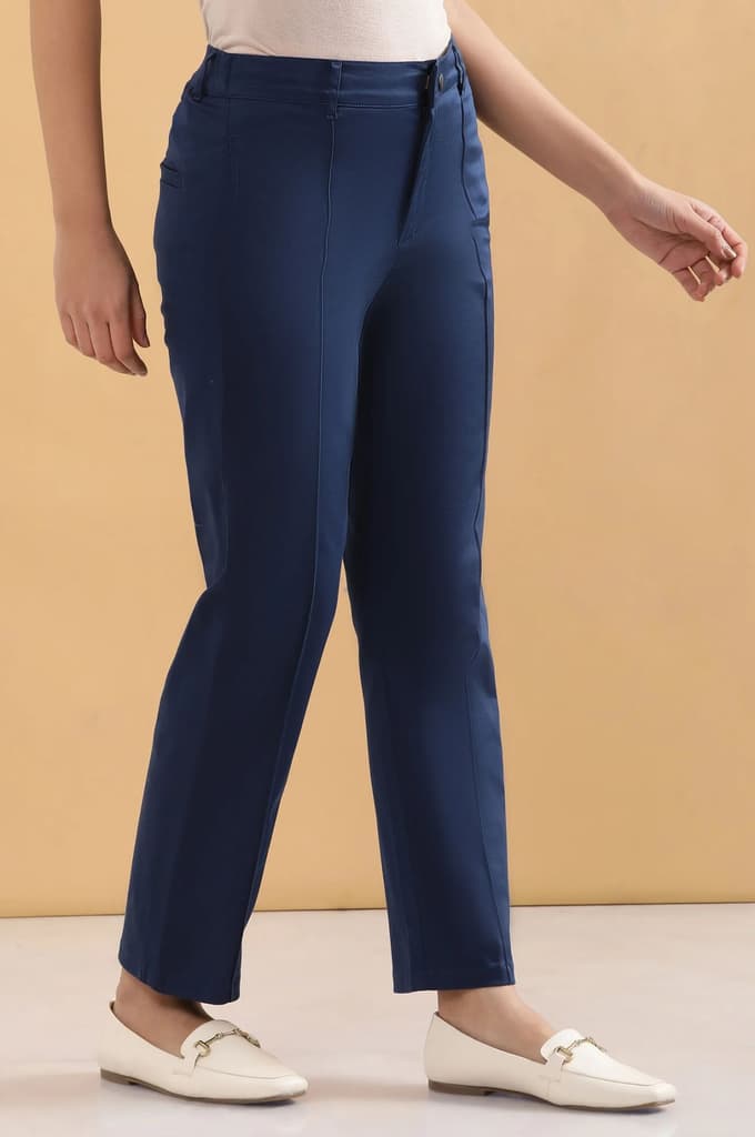 Blue Solid Straight Fit Cotton Pants With Pintuck Detail — photo 5