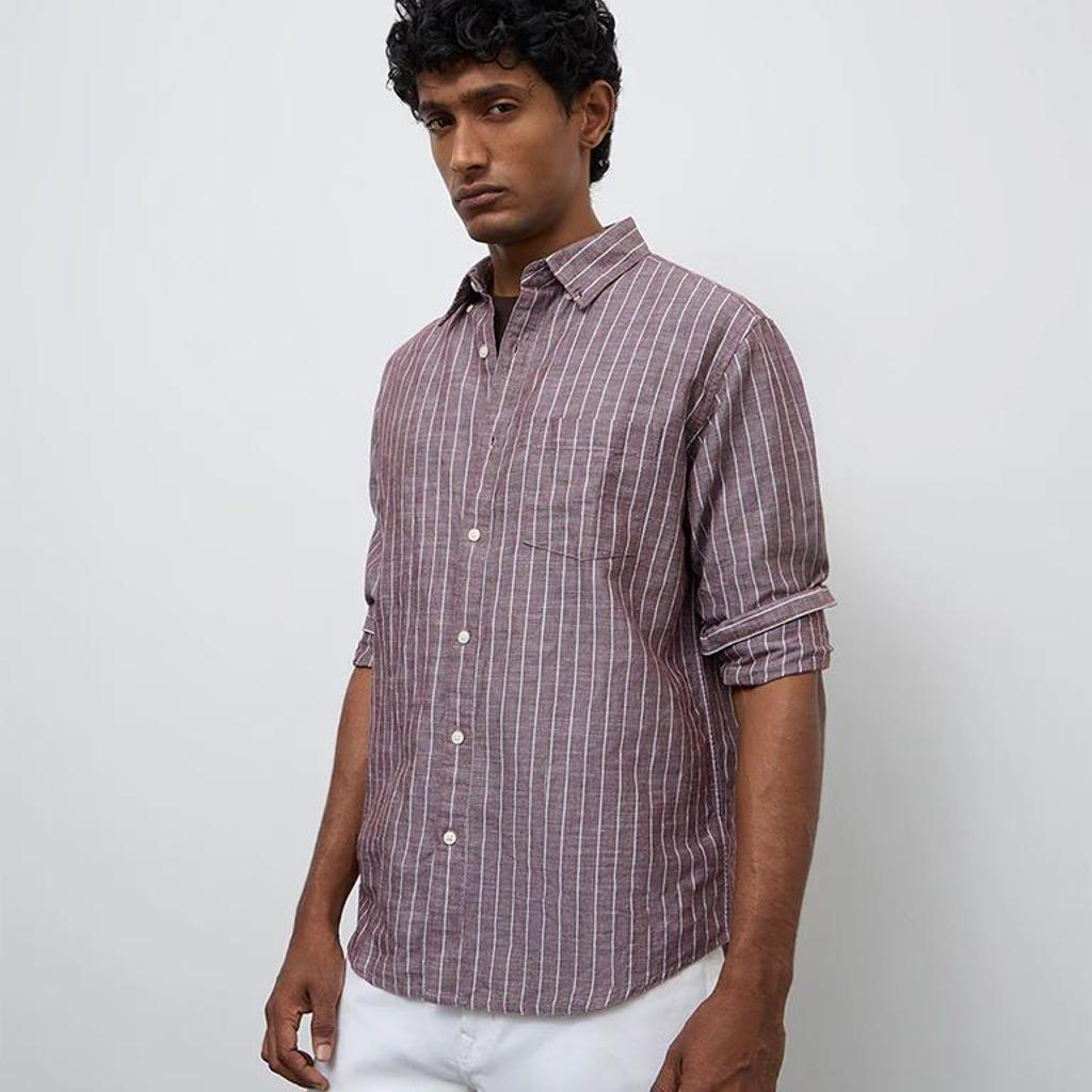 WES Casuals Brown Striped Relaxed-Fit Cotton-Blend Shirt
