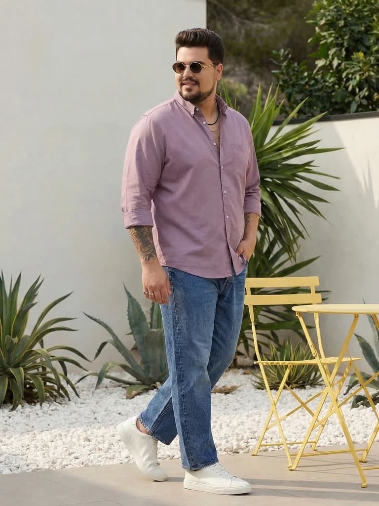 Plus Men's Lilac Cotton Full Sleeve Regular Fit Solid Oxford Shirt With Button-Down Collar — photo 4