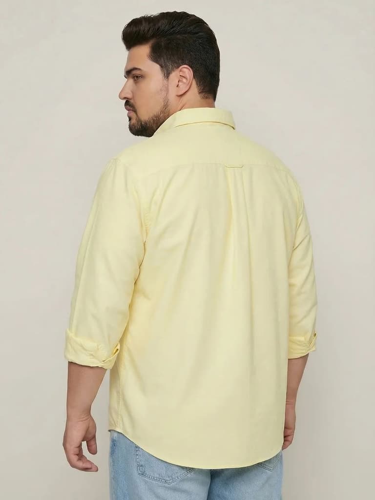 Plus Men's Yellow Cotton Full Sleeve Regular Fit Solid Oxford Shirt With Button-Down Collar — photo 3