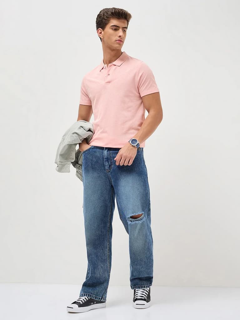 Men's Dusty Pink Solid Regular Fit Half Sleeve Cotton Polo T-Shirt — photo 4
