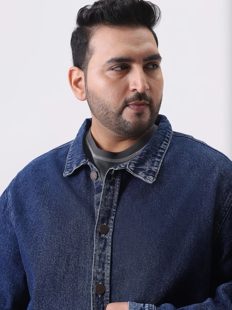 Plus Men's Blue Relaxed Fit Full Sleeve Utility Denim Jacket — photo 6