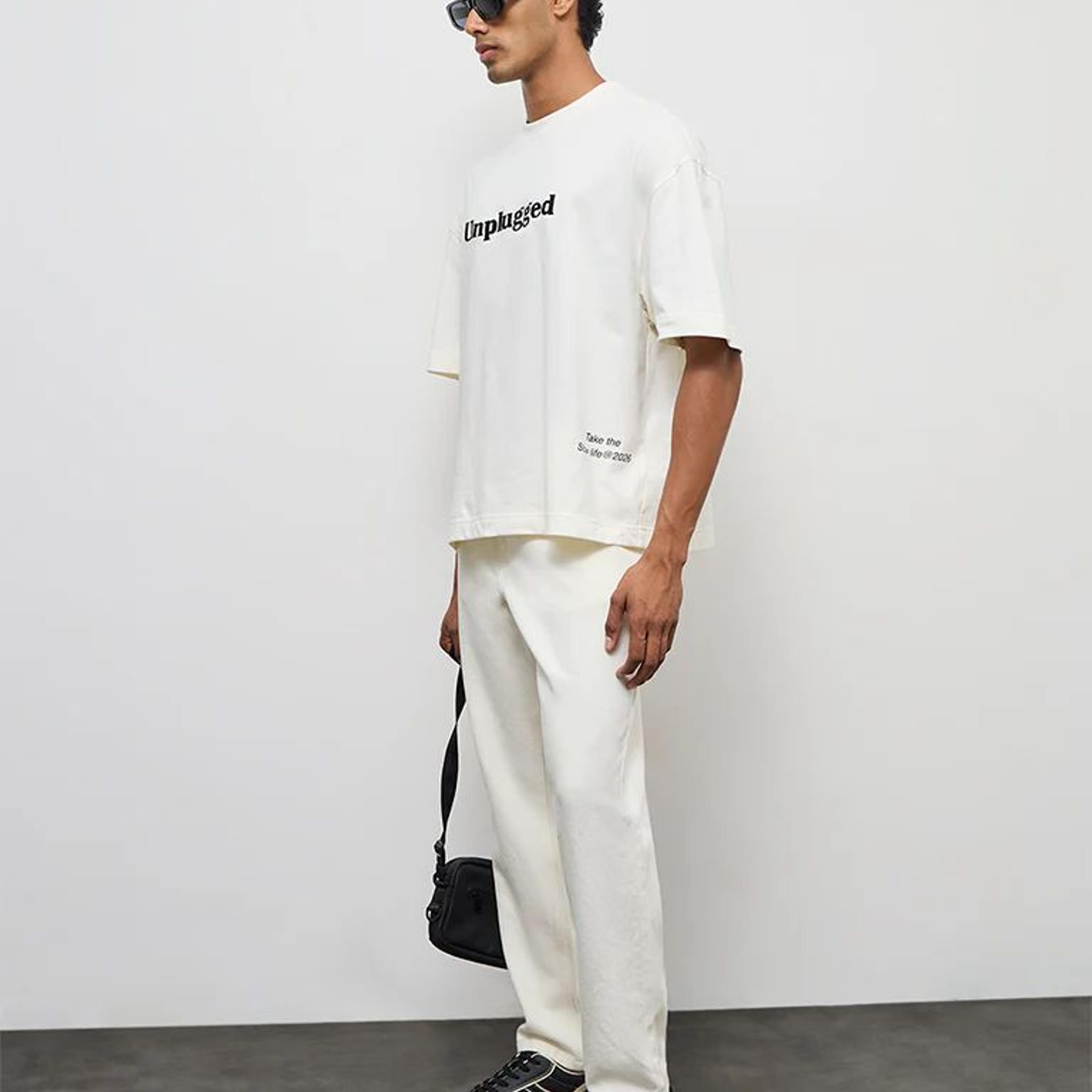 Nuon Off-White Text Printed Relaxed-Fit Cotton T-Shirt