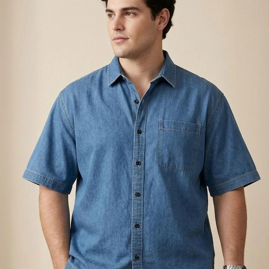Plus Men's Light Blue Oversized Fit Half Sleeve Solid Casual Denim Shirt