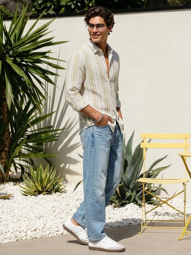 Men's Light Green Cotton Full Sleeve Relaxed Fit Linen Striped Shirt with Spread Collar — photo 4