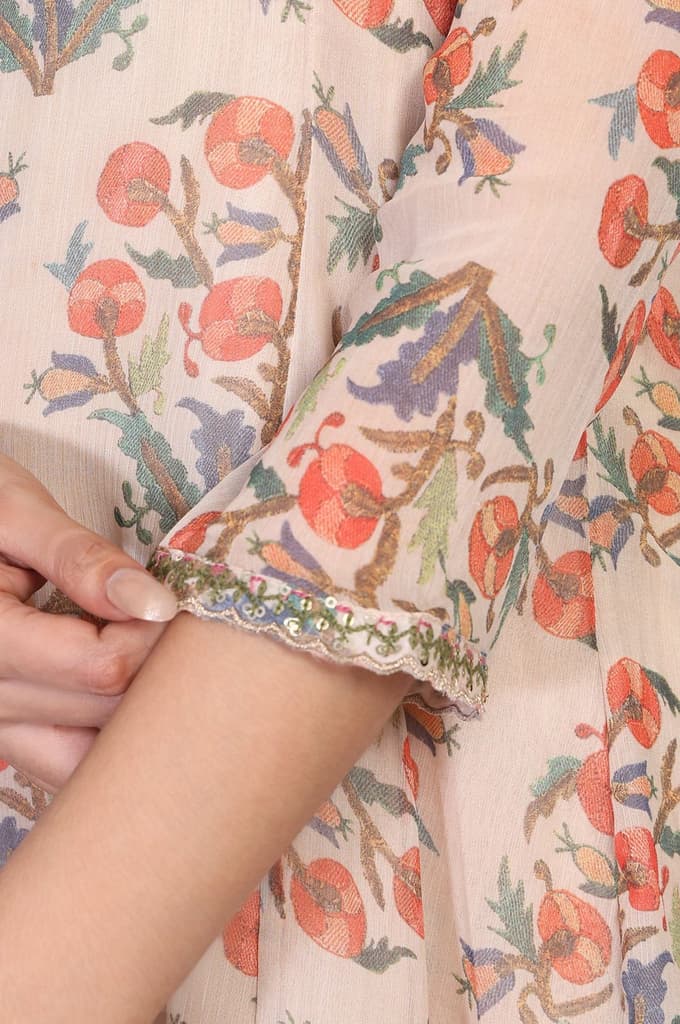 Beige Floral Embellished Peplum Chiffon Kurta with Sharara and Dupatta Set — photo 8