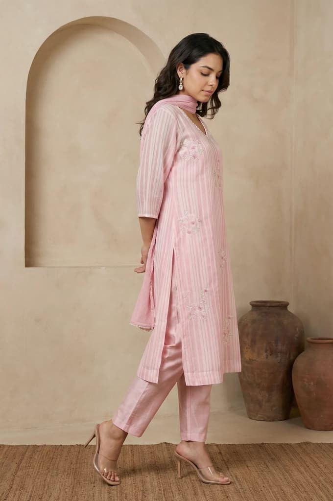 Pink Thread Embroidered Striped Organza Straight Kurta with Straight Pants and Dupatta Set — photo 5