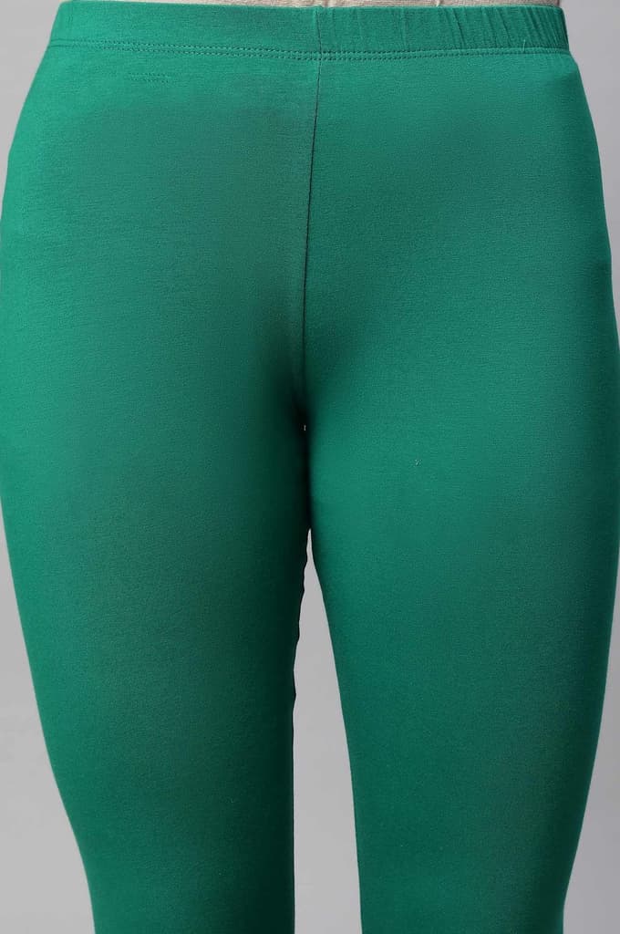 Green Solid Skinny Fit Cotton Tights With Elasticated Waist — photo 7