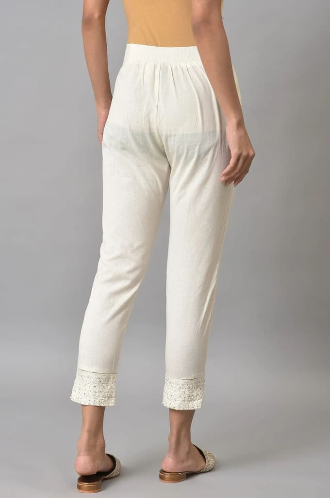White Embroidered Cotton Flax Slim Pants — photo 2