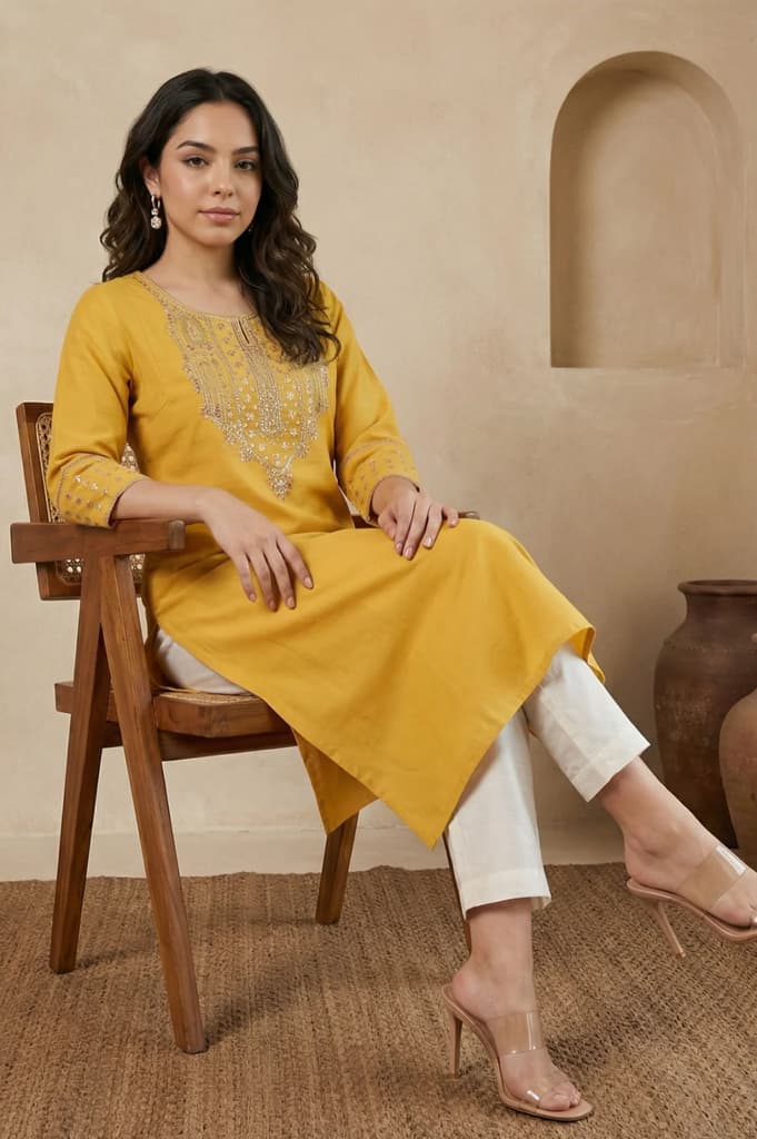 Yellow Embroidered A-Line Rayon Kurta with Straight Pant and Dupatta Set — photo 2