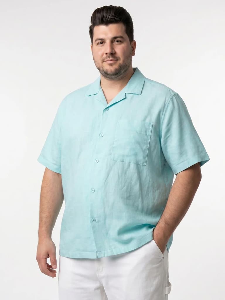 Plus Men's Sky Blue Linen Half Sleeve Oversized Fit Shirt with Cuban Collar — photo 2