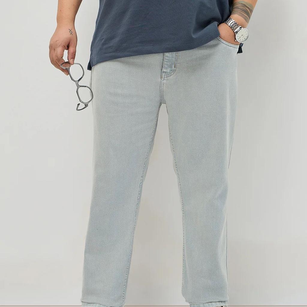 Plus Men's Ice Grey Regular Fit Towel Washed Yellow Tint Denim Jeans Stretchable