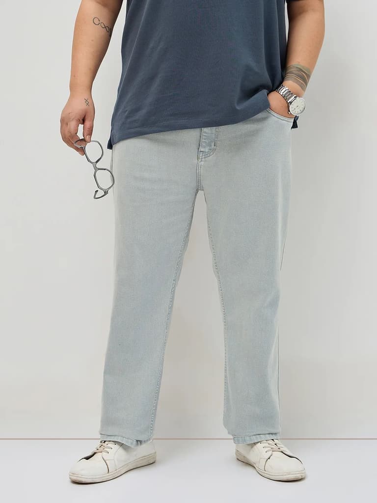 Plus Men's Ice Grey Regular Fit Towel Washed Yellow Tint Denim Jeans Stretchable — 36 / Ice Grey