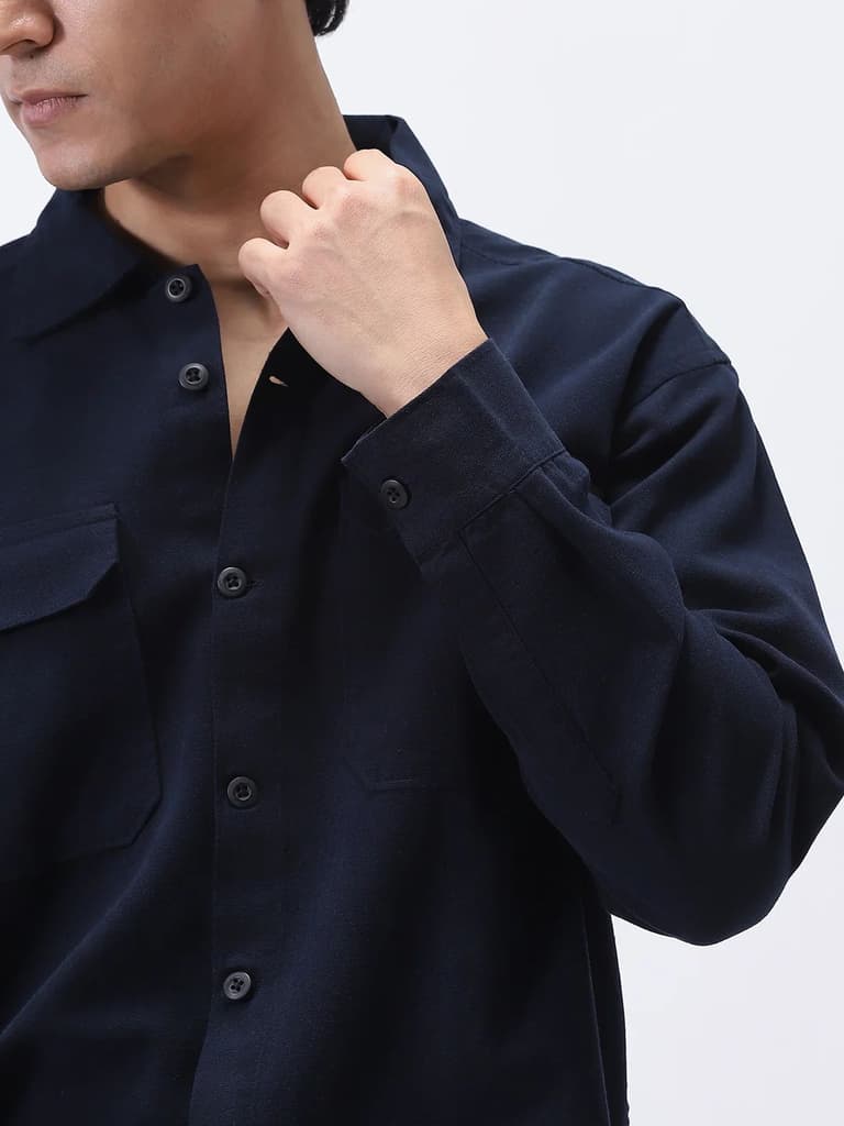 Men's Navy Cotton Full Sleeve Relaxed Fit Shacket with Utility Pockets — photo 6