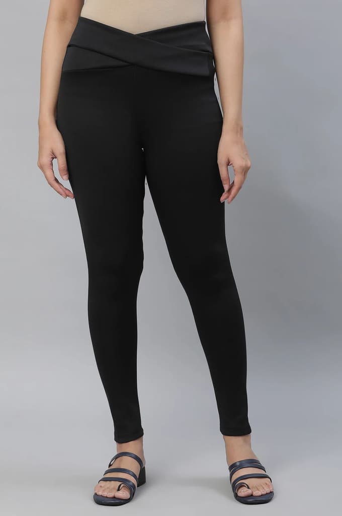 Black Solid Skinny Fit Tights With Criss Cross Waistband