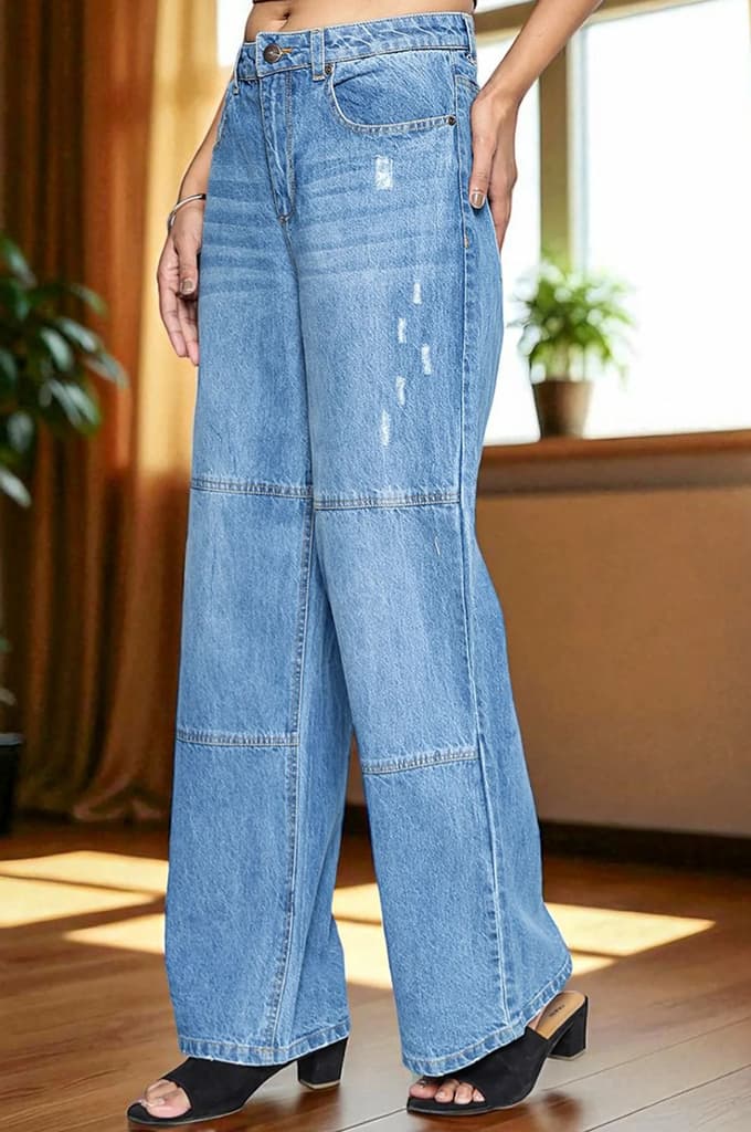 Light Blue Pure Cotton Flared Denim Pants with YKK Zipper — photo 4