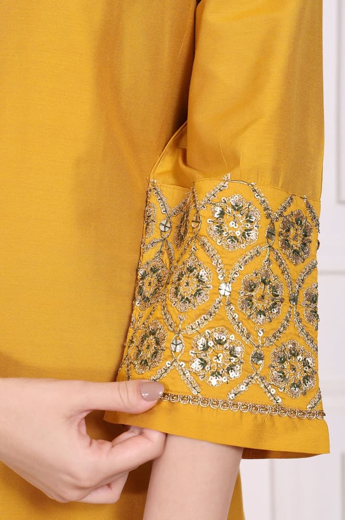 Yellow Embroidered A-Line Rayon Kurta with Straight Pant — photo 7