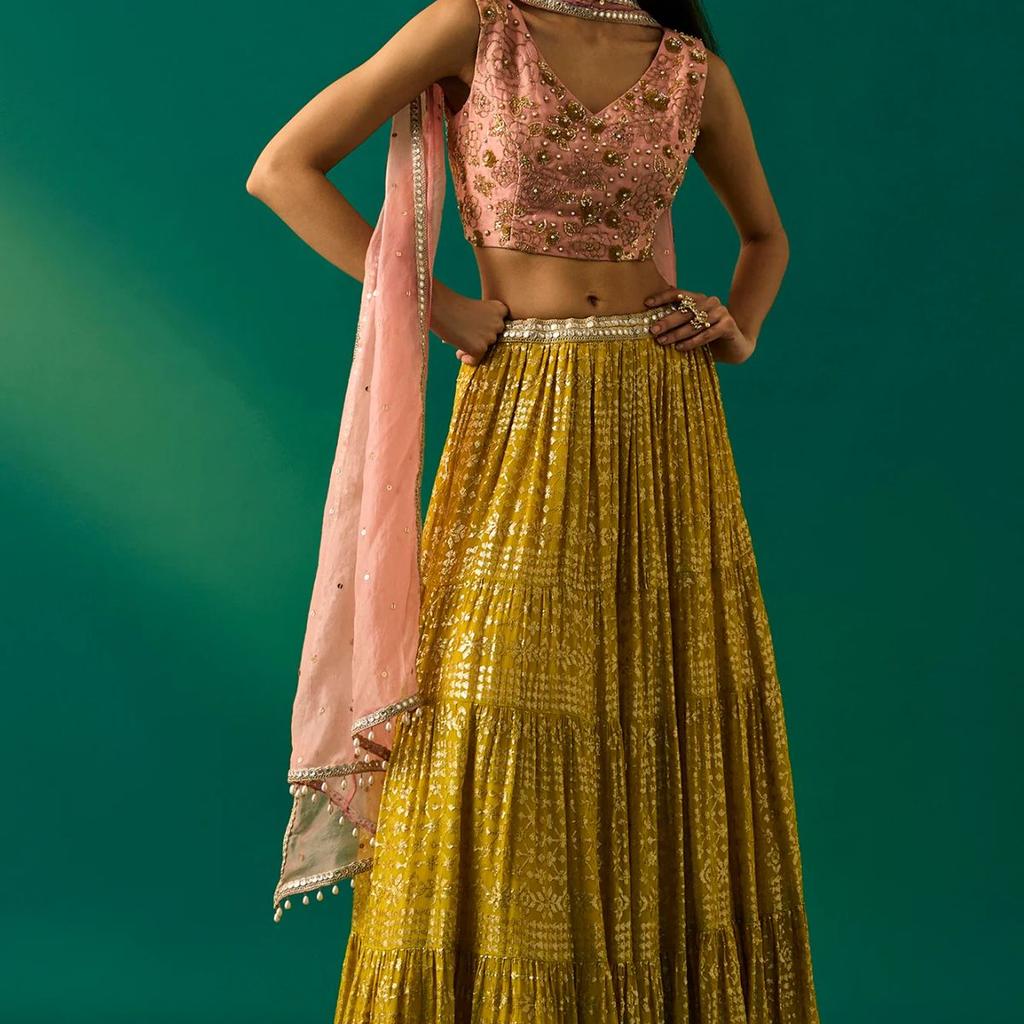 Pink Embroidered Straight Cut Blouse with Skirt and Dupatta Set